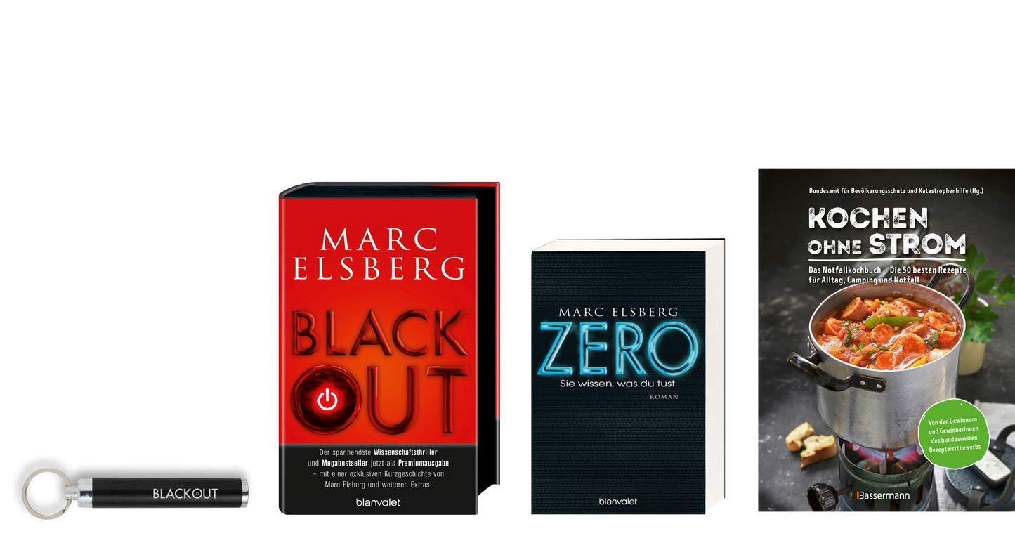 Blackout und Zero: 2 Thriller von Marc Elsberg + Notfallkochbuch + 1 exklusive Taschenlampe